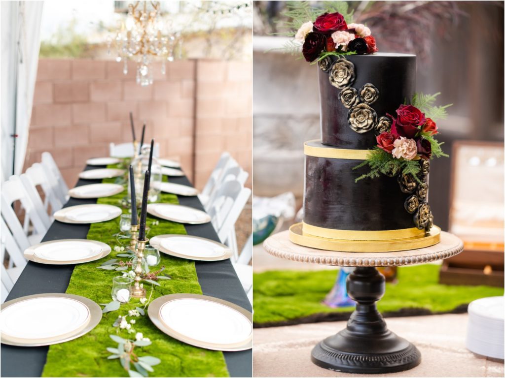dark castle themed cake and reception setup