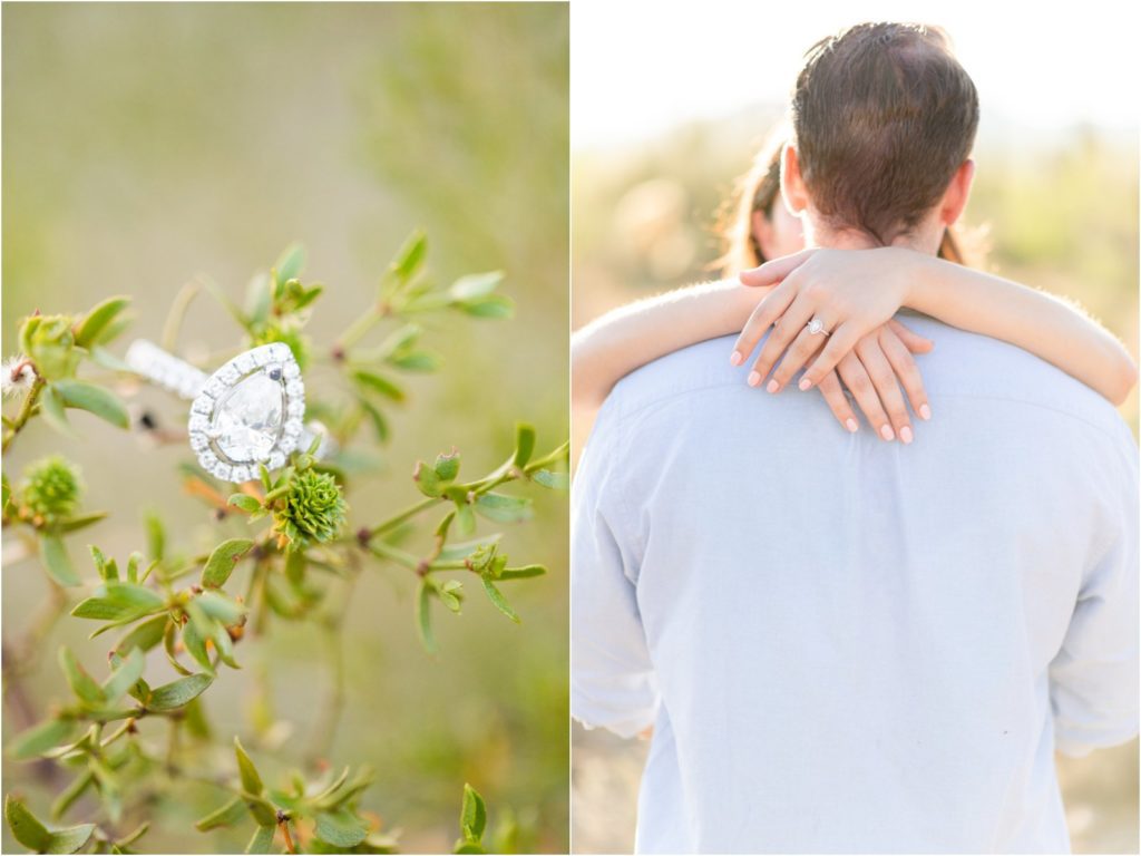 Engagement ring closeup in desert in Tucson Mountain Park