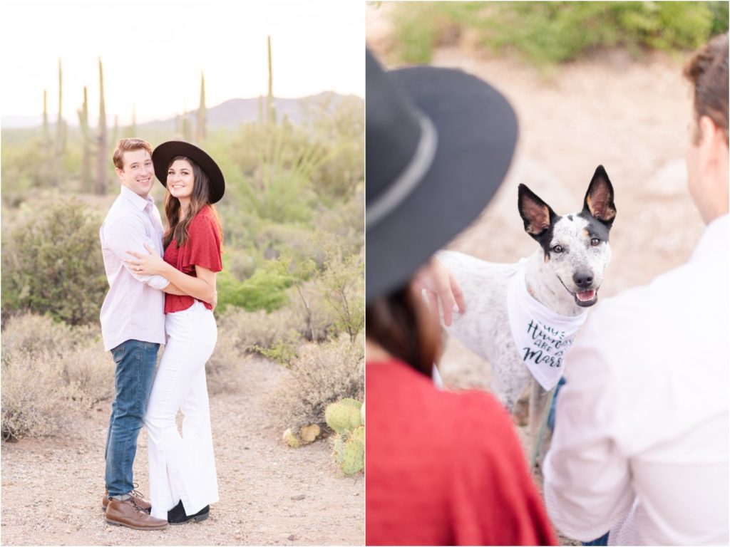 Engaged couple in desert with dog