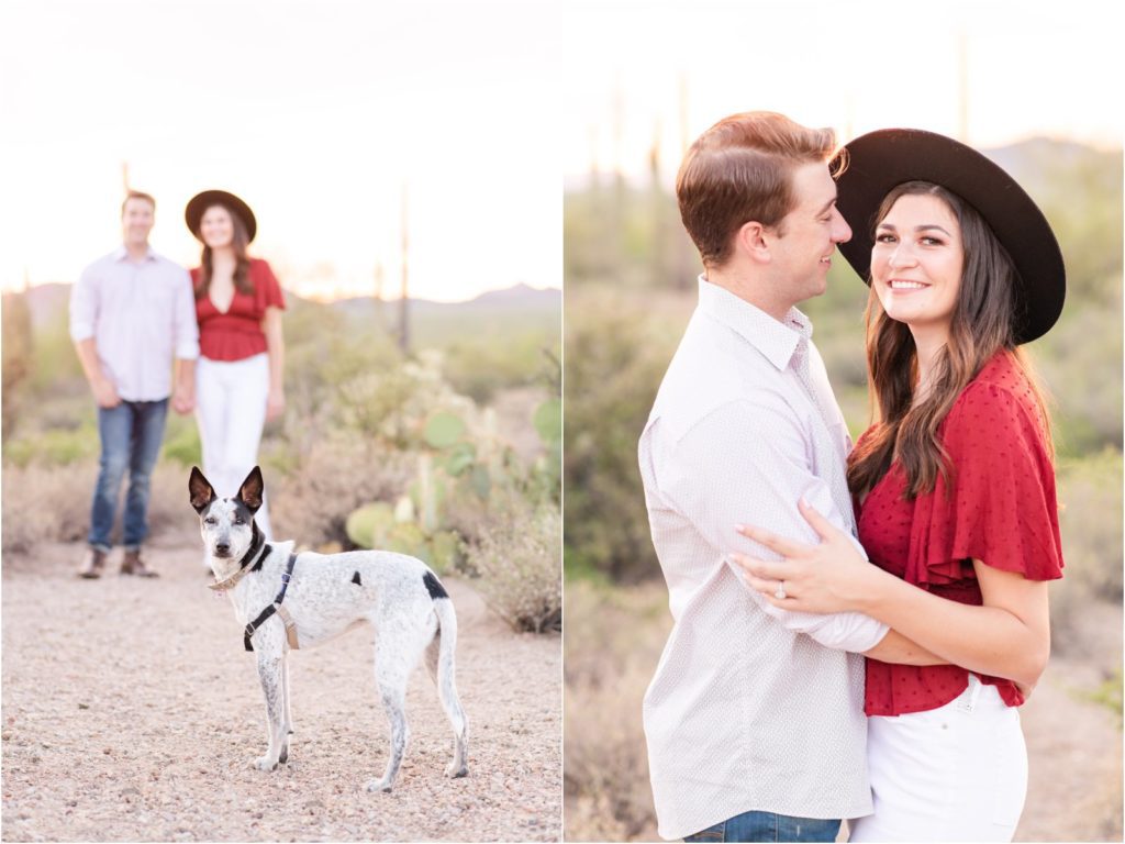 Engaged couple with dog in desert