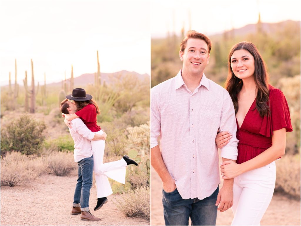 Engaged couple kissing in desert in Tucson Mountain Park