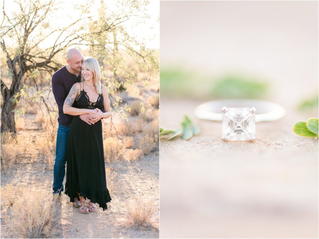 engaged couples portrait and engagement ring closeup in the desert by Tucson wedding photographer Christy Hunter Photography