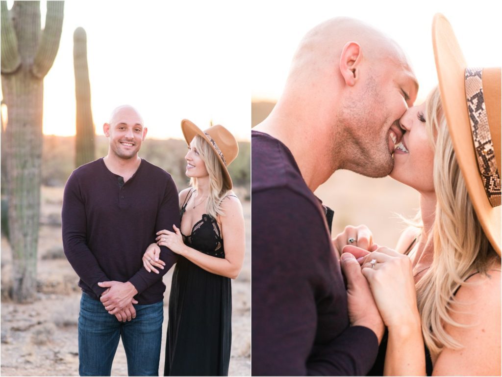 engaged couple kissing in the desert by Tucson wedding photographer Christy Hunter Photography