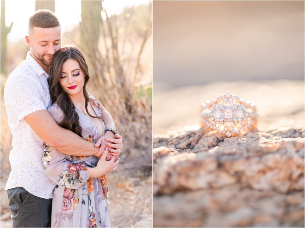 engaged couple wrapped up in each other's arms in desert Tucson wedding photographer Christy Hunter