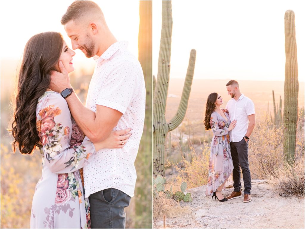 couple on mountainside in Tucson desert smiling and kissing by wedding photographer Christy Hunter