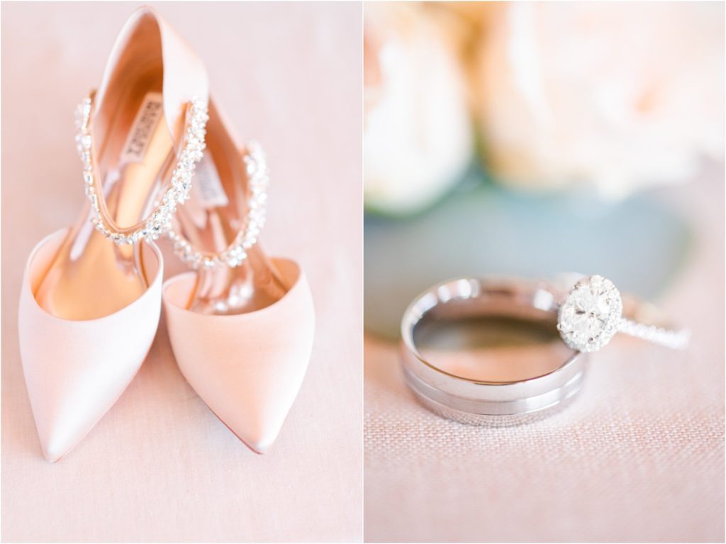 bride's wedding shoes and detail photo of wedding bands