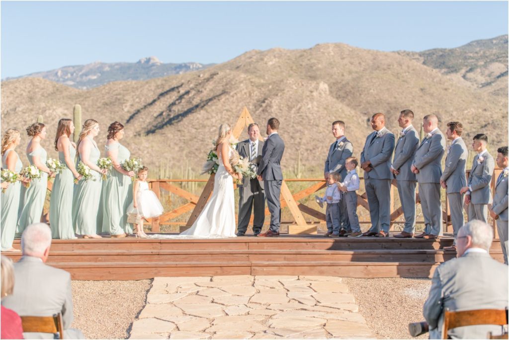 wide photo of whole bridal party and wedding couple on a platform with mountain views