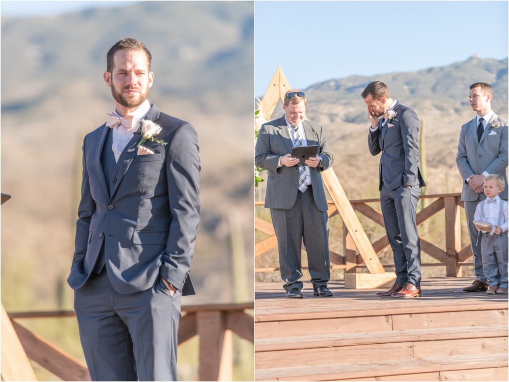 groom crying as he watches his bride walk down the aisle towards him