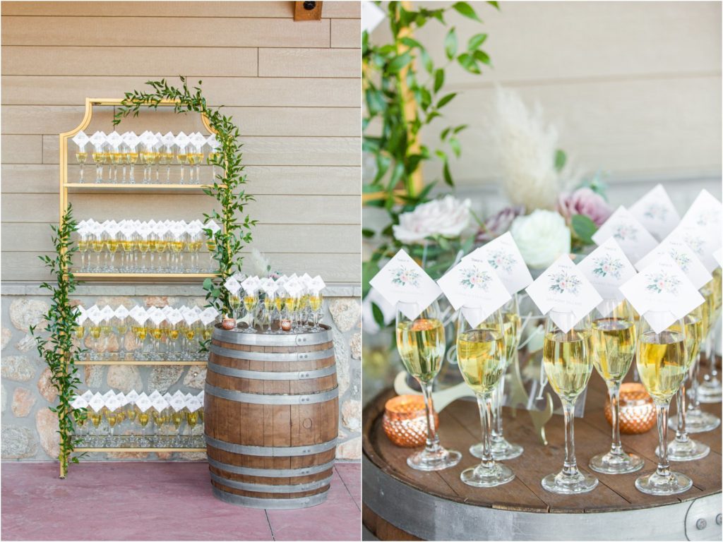 unique seating display with guests names on champagne glasses