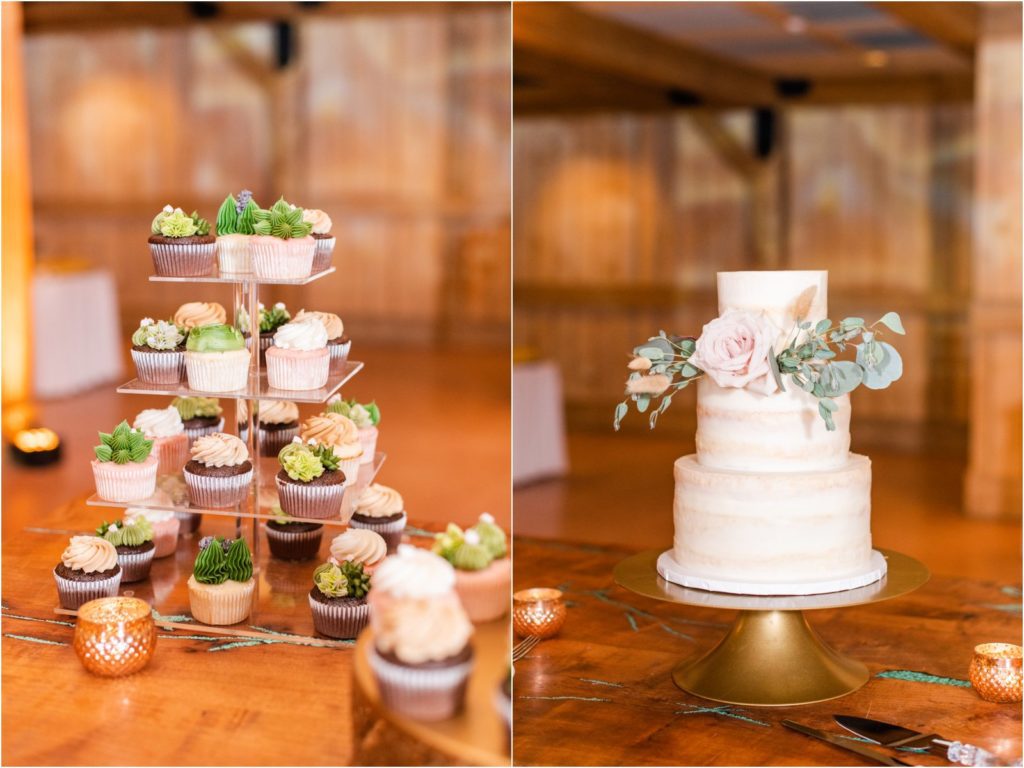 dessert table display on rustic table at barn wedding venue