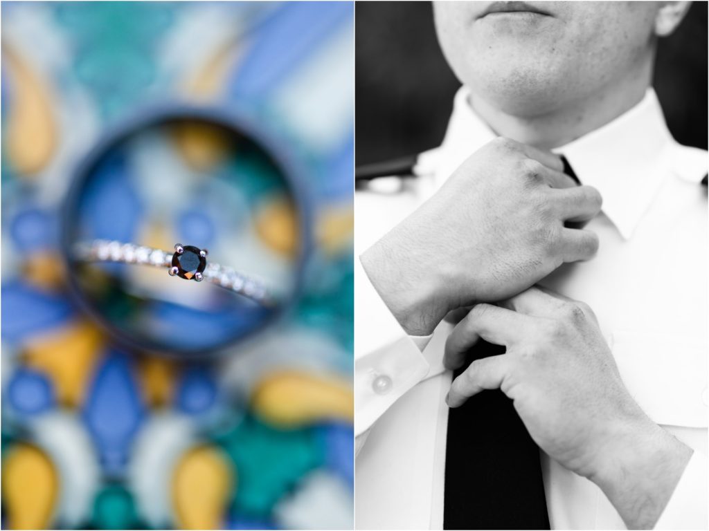 wedding rings on colorful tile background and groom adjusting tie