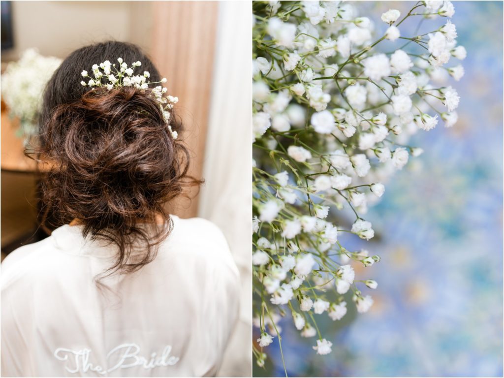 bride with simple florals in her hair for a romantic feel