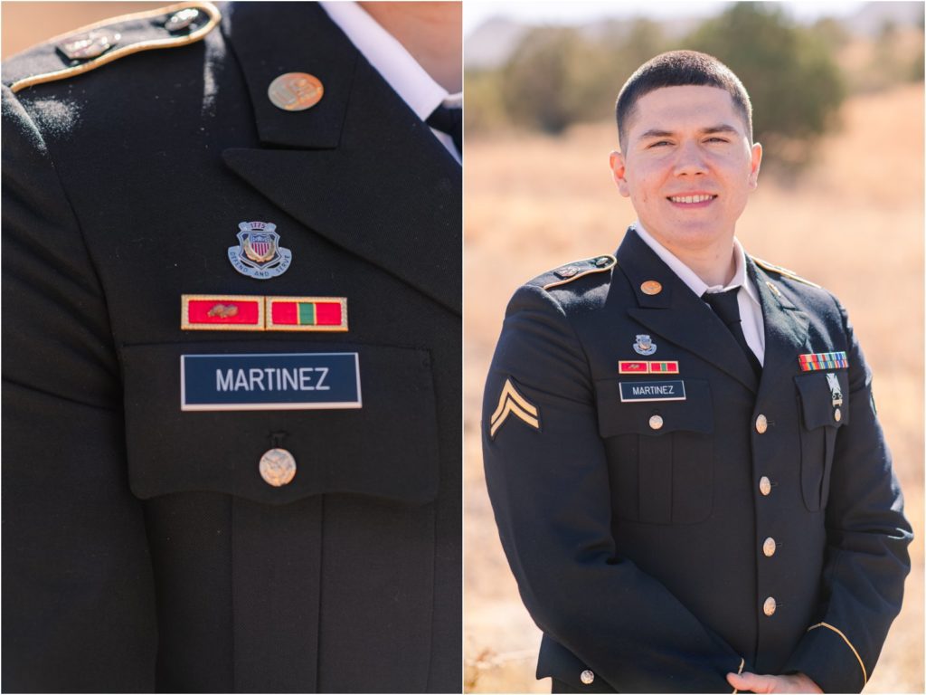 portrait of groom in his military dress uniform on wedding day