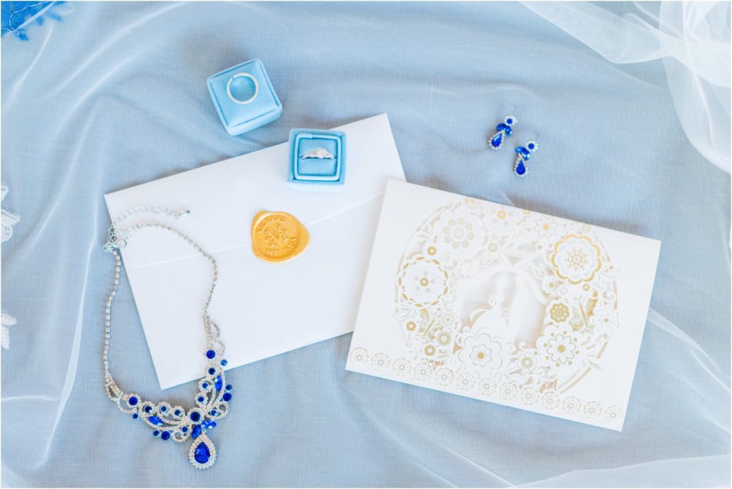 blue and gold wedding invitation suite