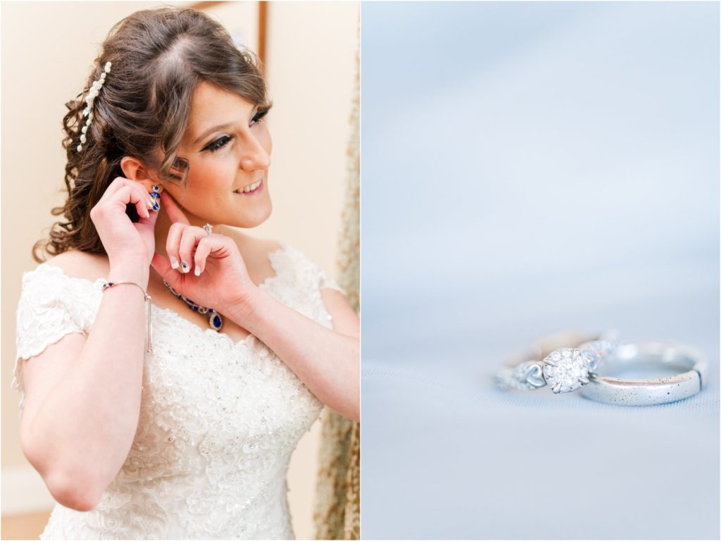 bride putting on blue earrings