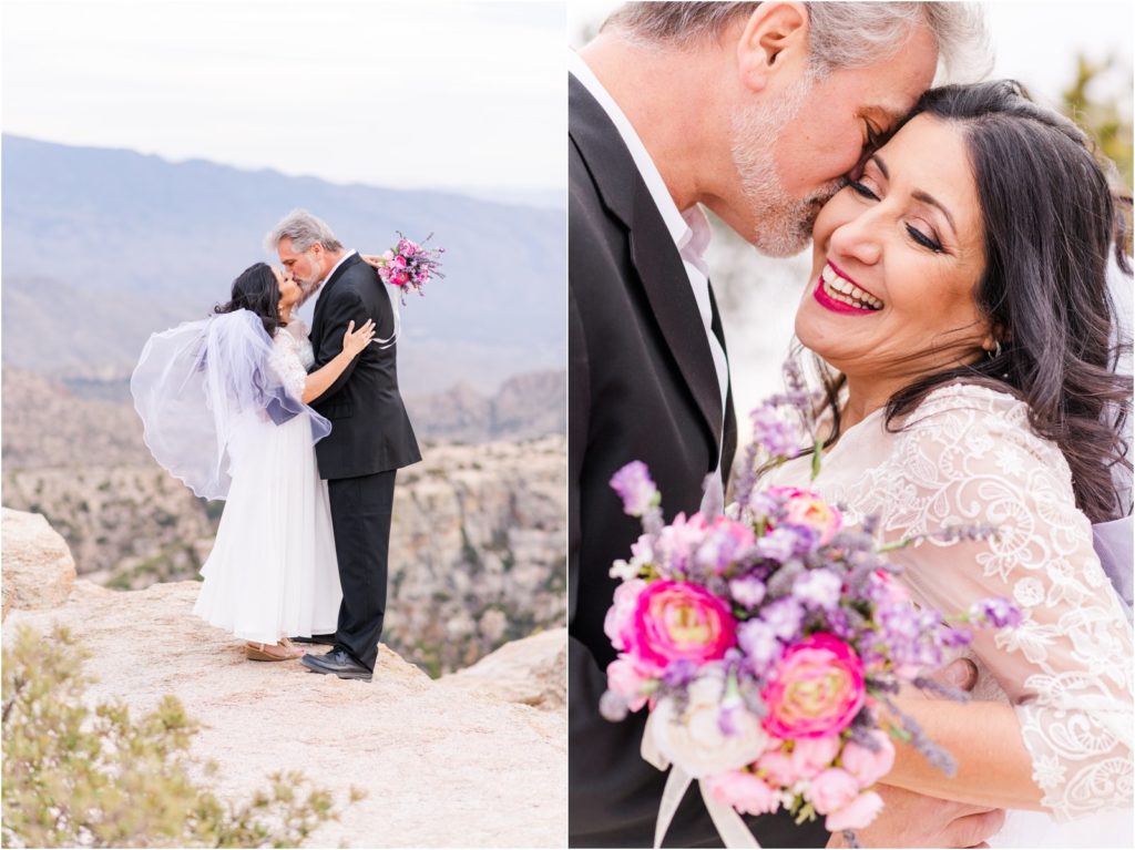bride and groom kissing and laughing on Mount Lemmon
