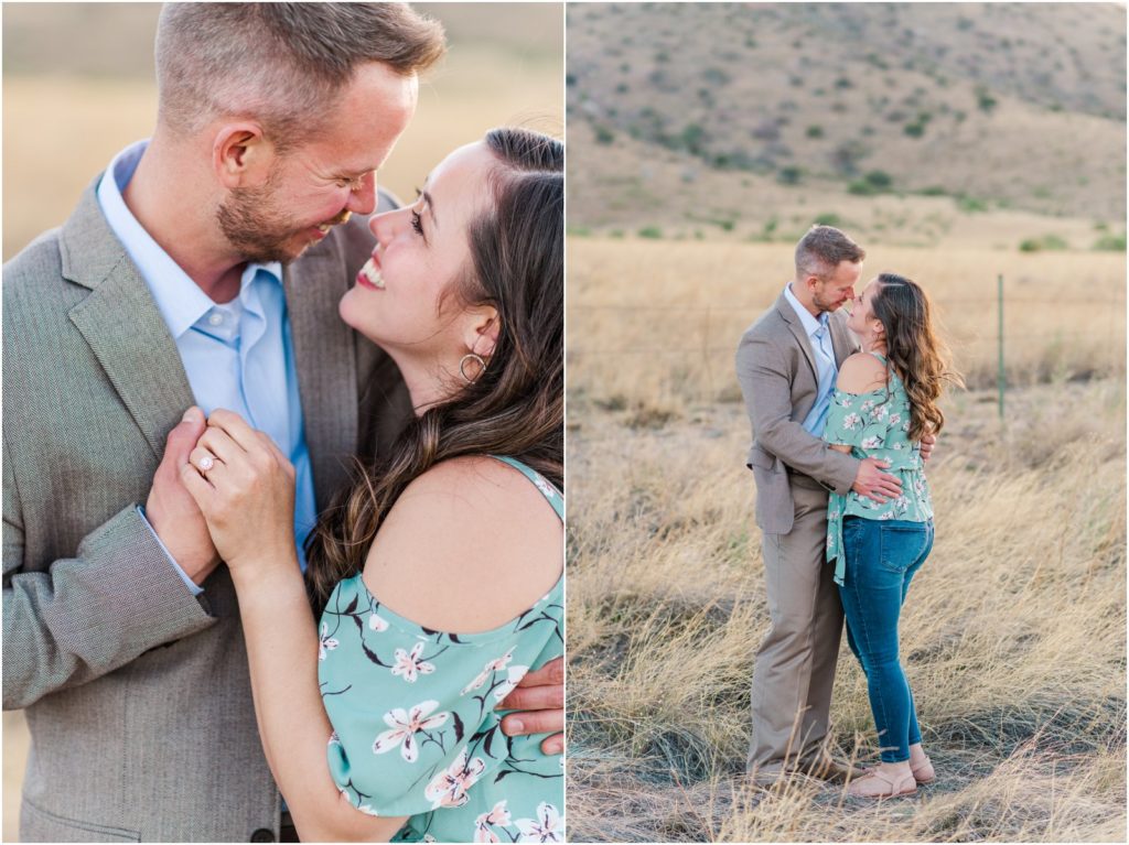 snuggly romantic portrait of newly engaged couple after surprise proposal