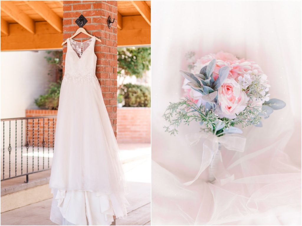 wedding dress and bouquet