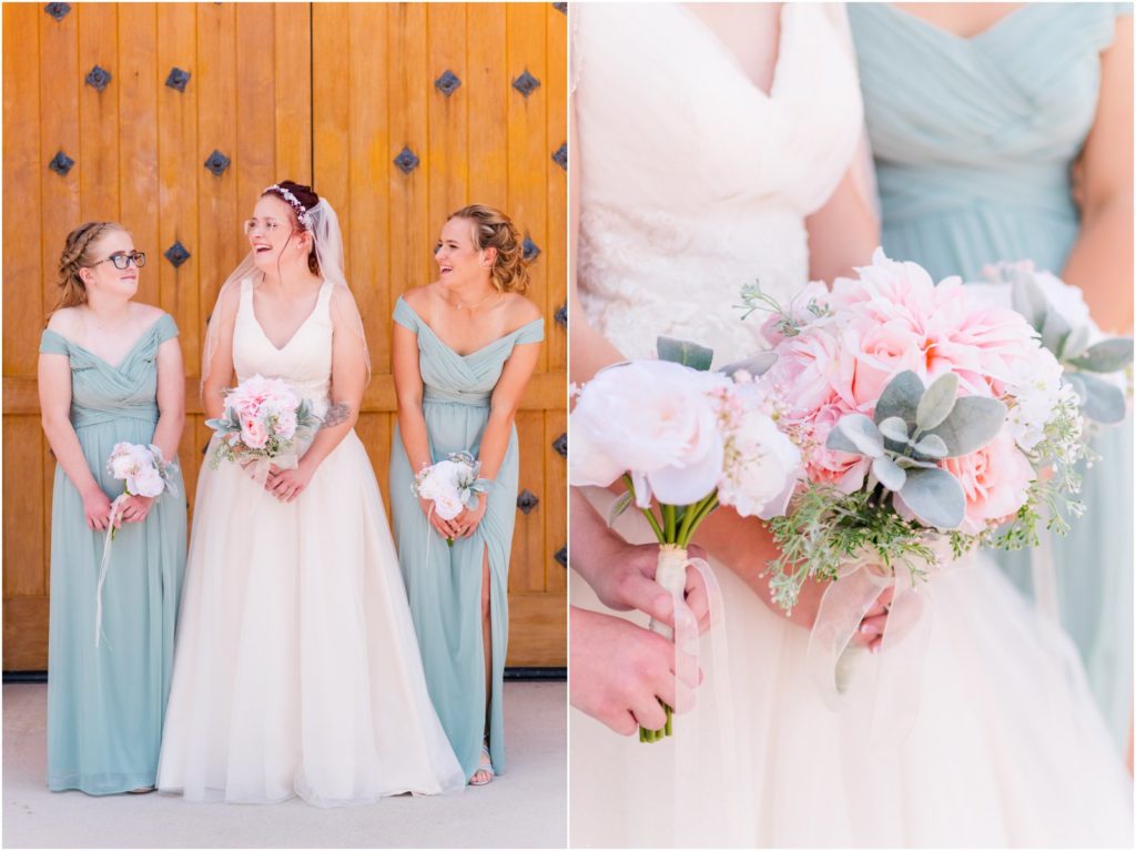 bride and bridesmaids in front of church doors