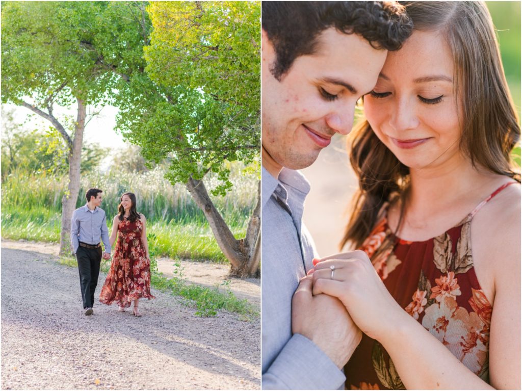 couple walking together and holding hands during engagement session at Sweetwater Wetlands Park