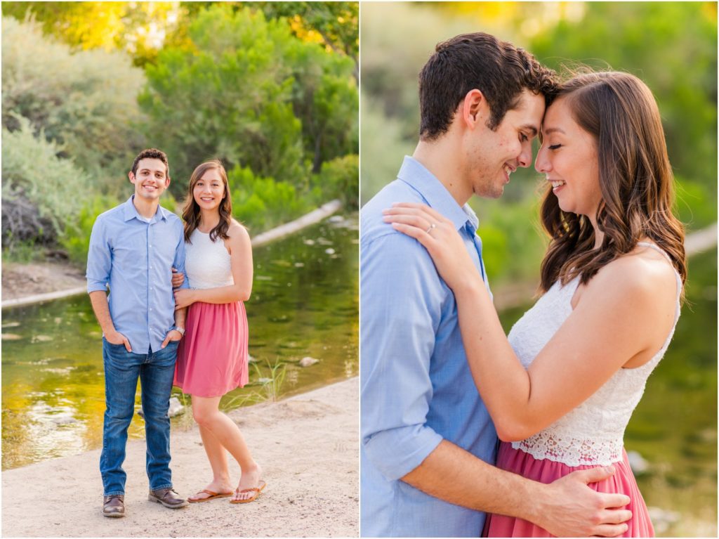 engaged couple by water at Sweetwater Wetlands Park