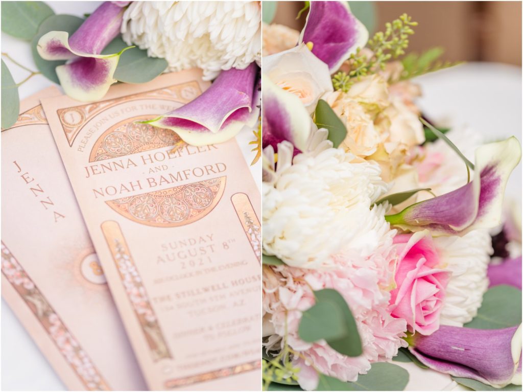 colorful bouquet with simple gold wedding invitation