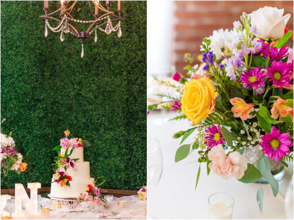 colorful wedding cake and centerpiece at cozy Stillwell House reception