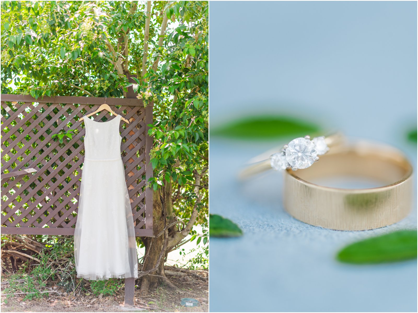 simple wedding dress and gold wedding band with engagement ring