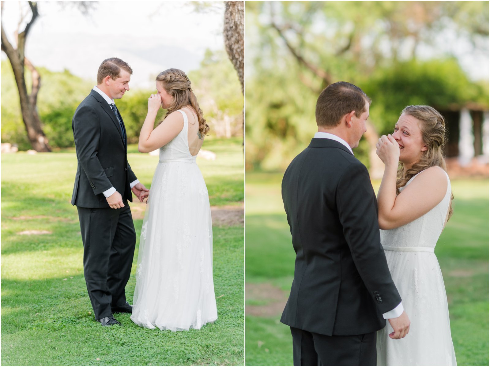 bride crying during First Look before wedding ceremony