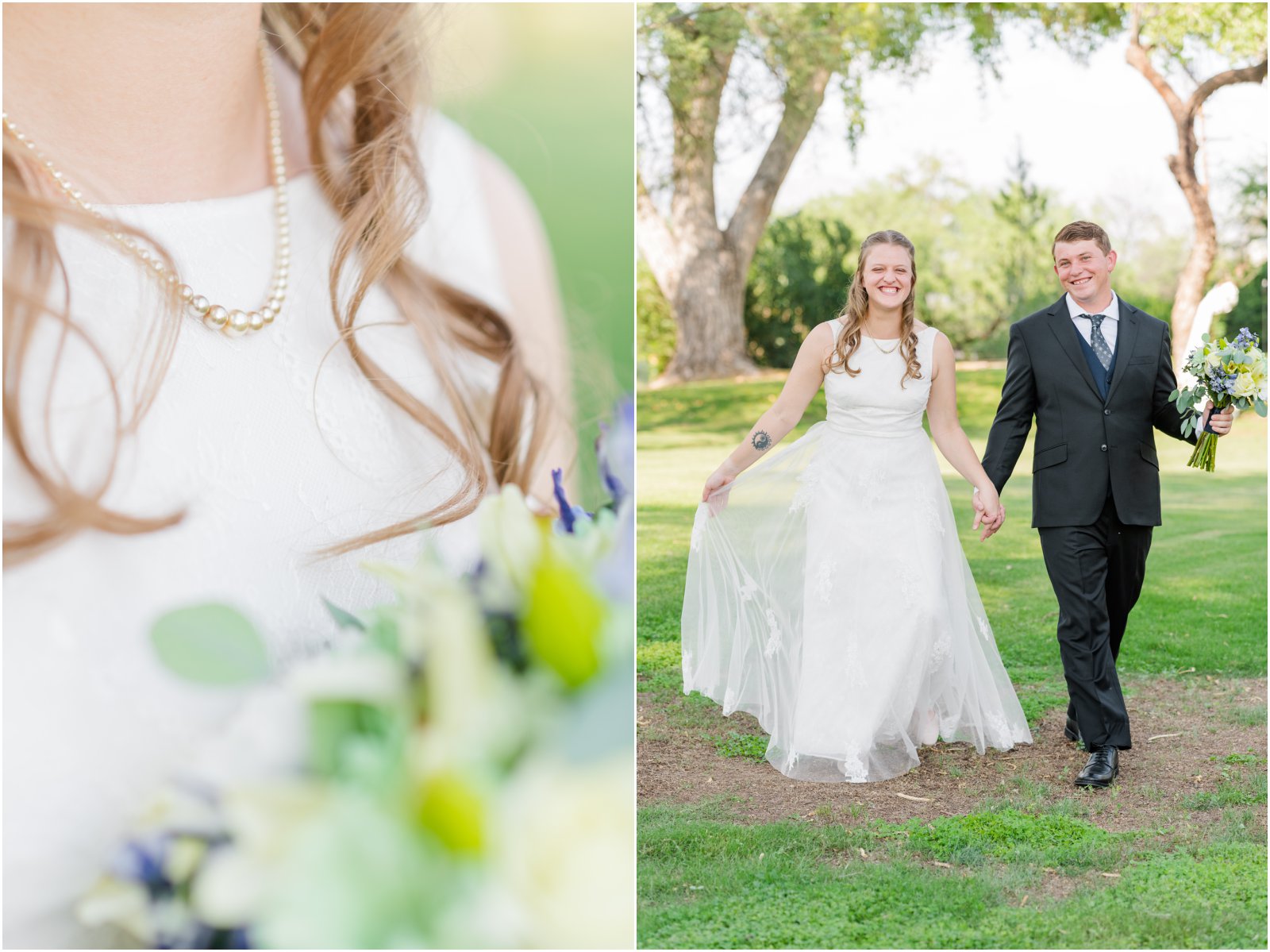 bride and groom walking together in portrait at La Mariposa Tucson