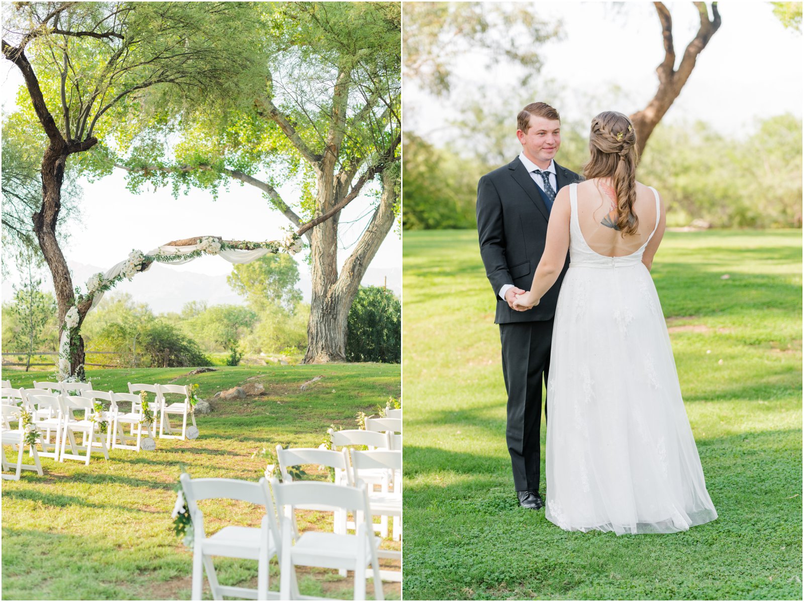 bride and groom together before their outdoor ceremony at La Mariposa Tucson