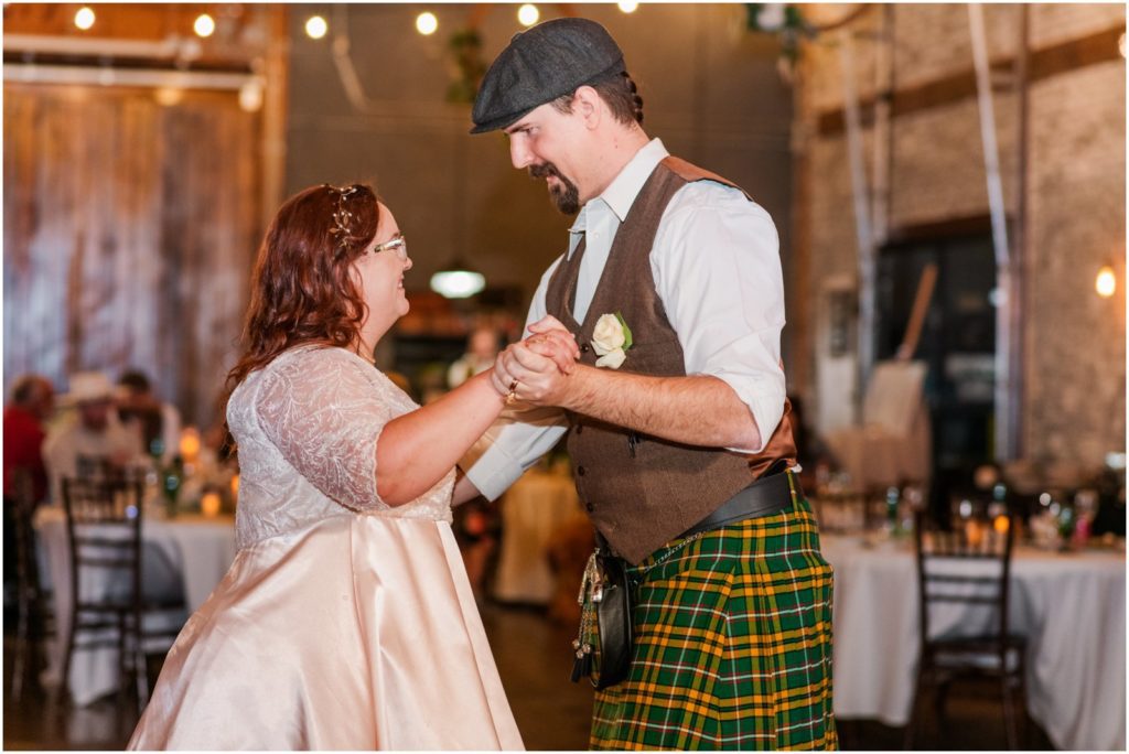 bride and groom first dance at Old Door Shop reception