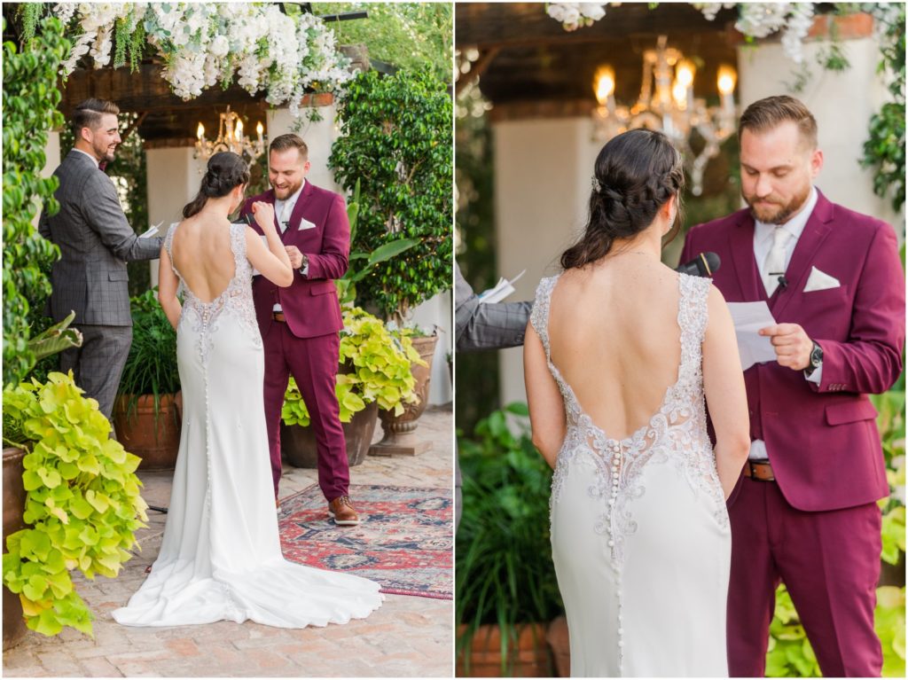bride crying during wedding vows in Stillwell House courtyard ceremony
