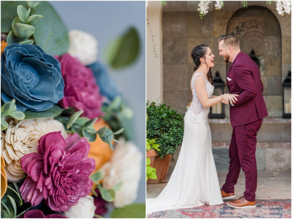 bride and groom first kiss during Stillwell House wedding ceremony in courtyard