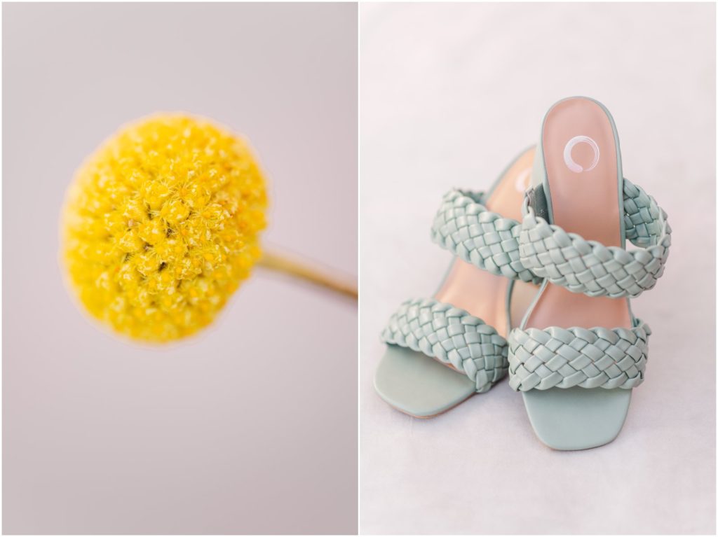 mint green wedding shoes and colorful flowers for bride
