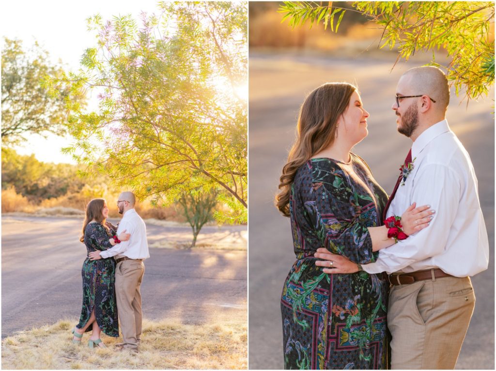 sunset portraits of bride and groom at Catalina State Park in Oro Valley