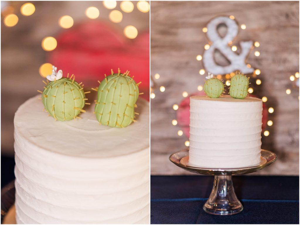 wedding cake with bride and groom cactus cake topper