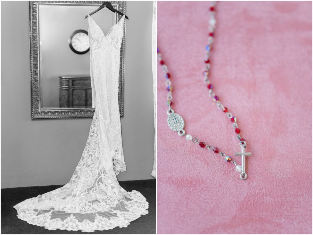 wedding dress and rosary from bride's grandmother