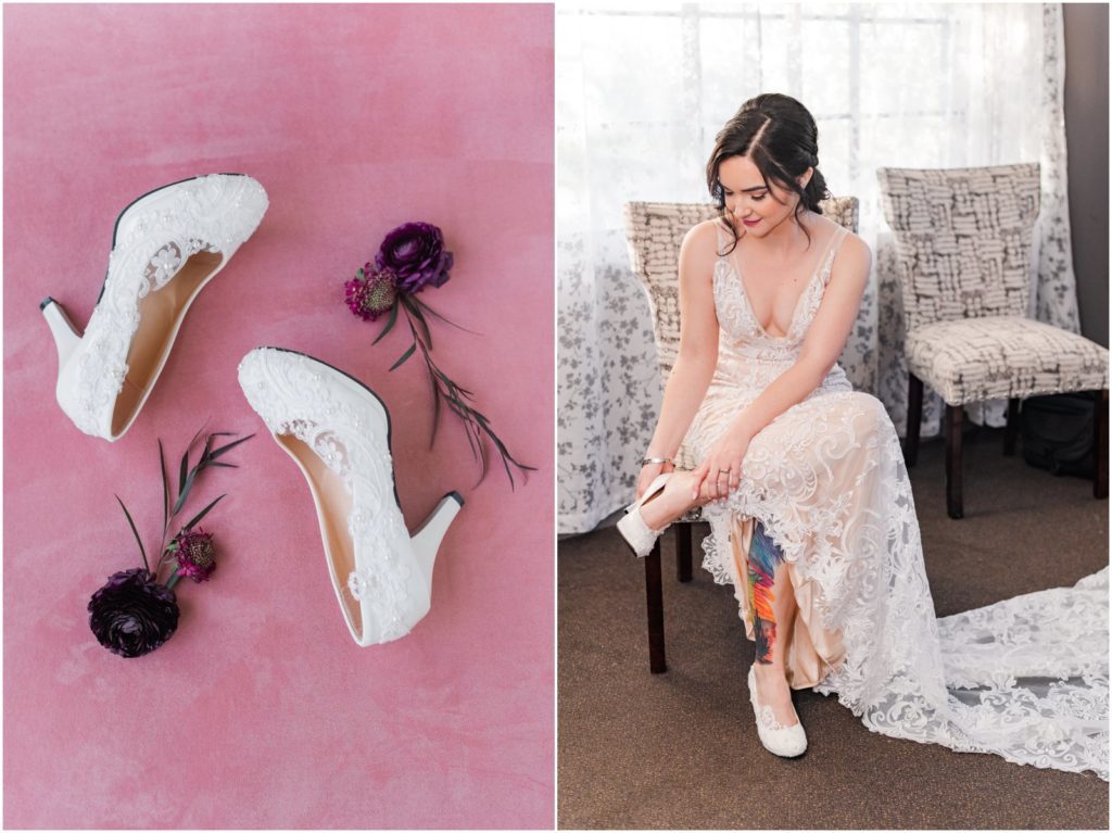 bride in chair putting on her wedding shoes