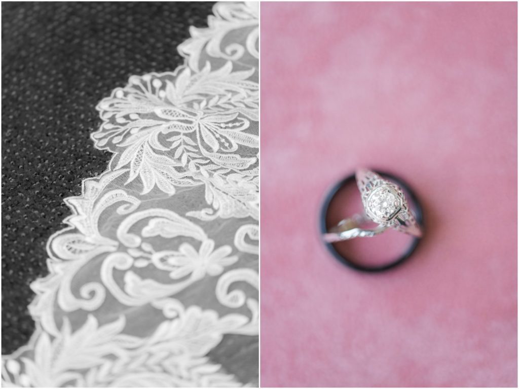 wedding bands and dress lace detail