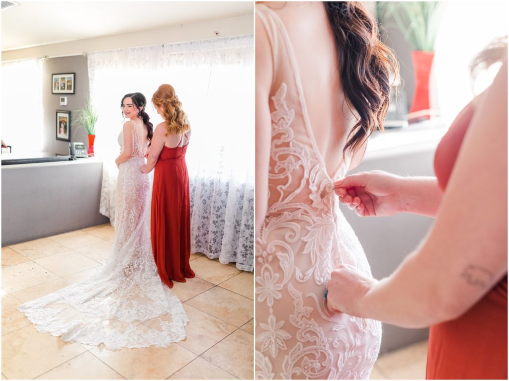 maid of honor helping bride into her dress