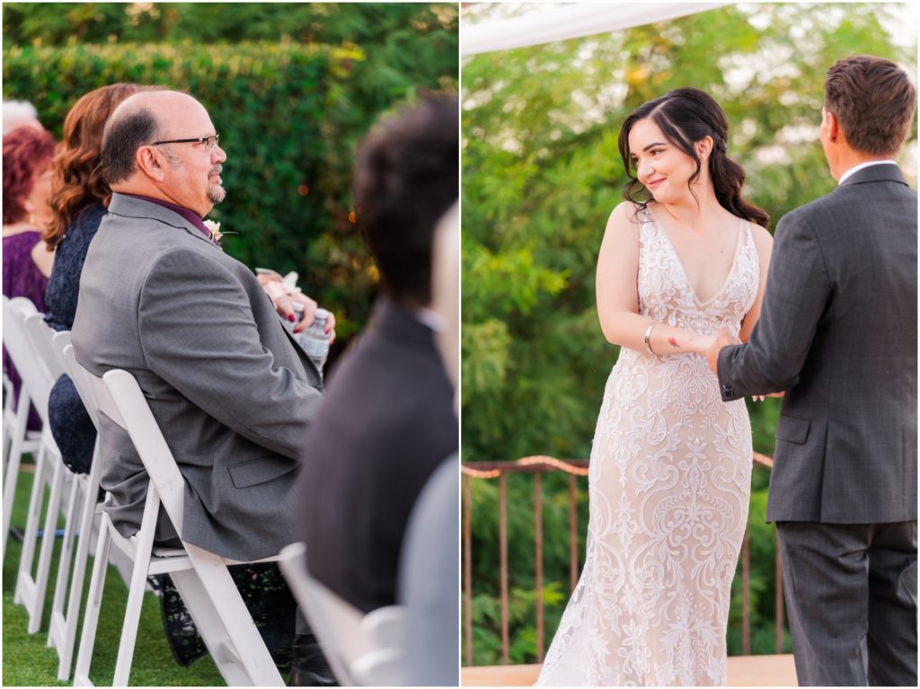 bride looking at her dad during wedding ceremony