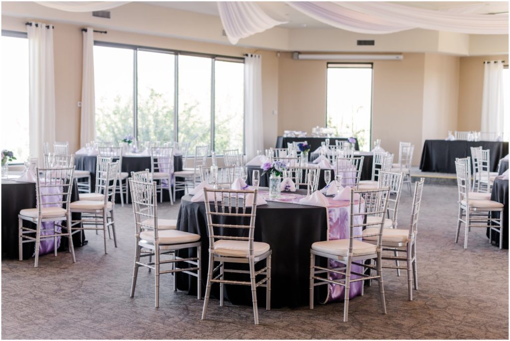 purple themed reception décor at DIY wedding