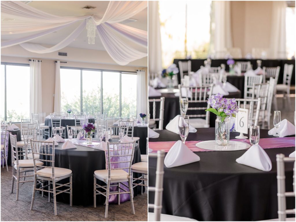 purple themed reception décor at DIY wedding