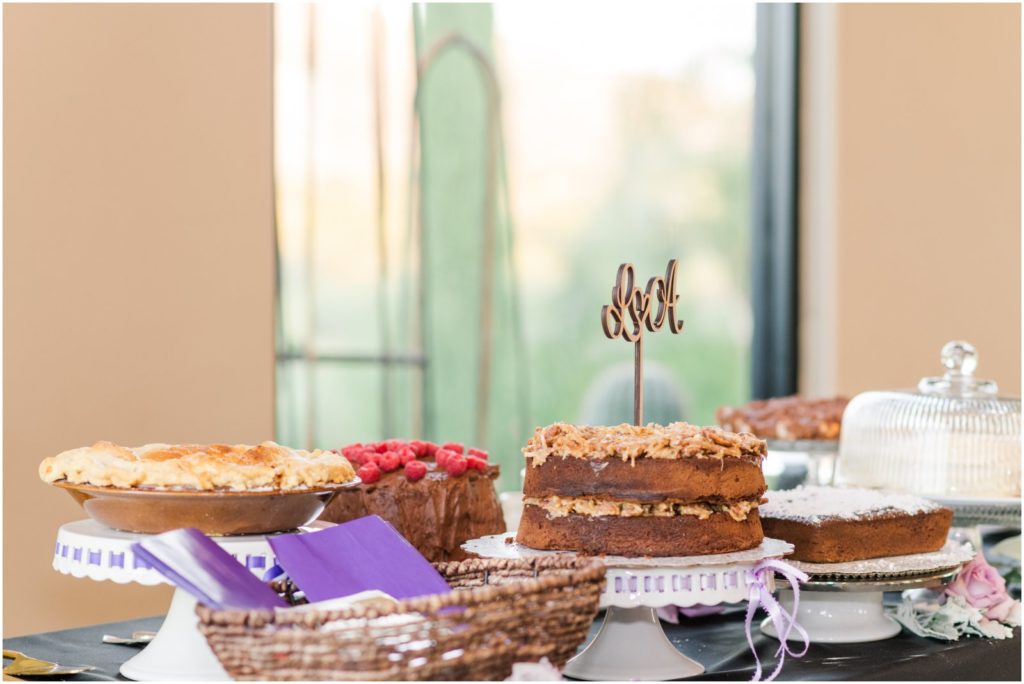 homemade pie desserts at purple themed DIY wedding