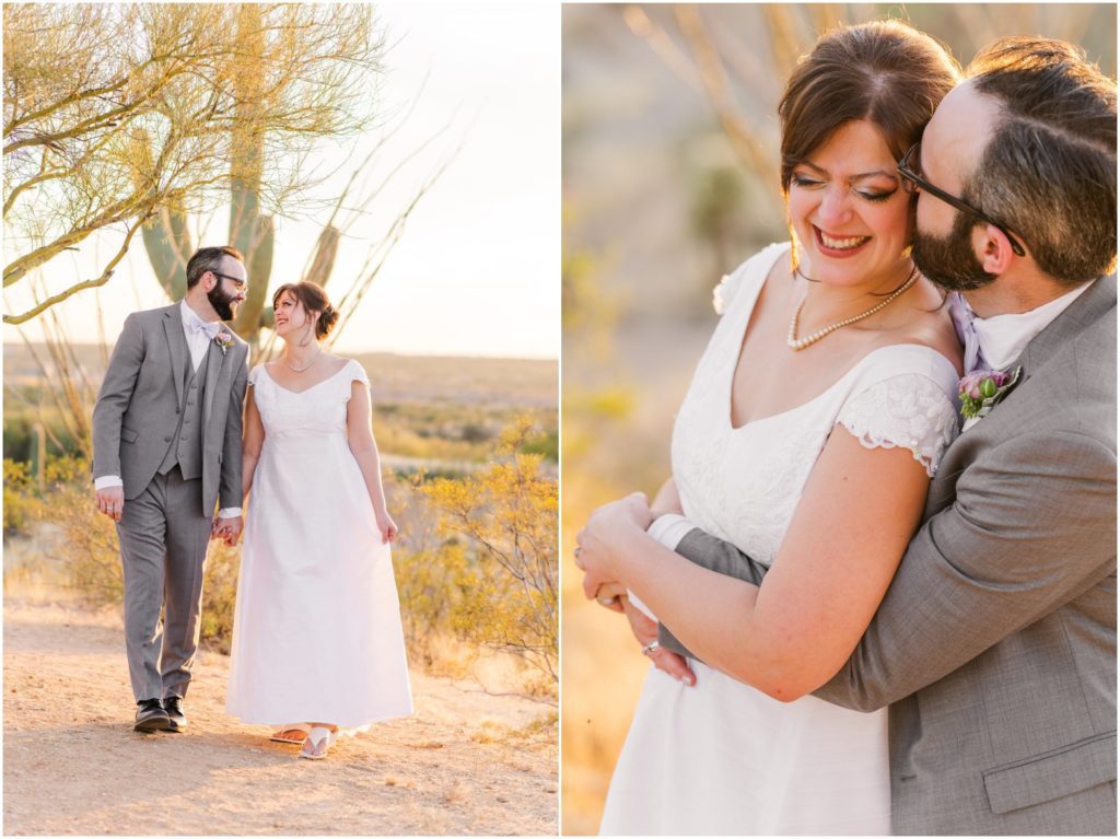 sunset portrait with bride and groom at Saguaro Buttes in Tucson, AZ