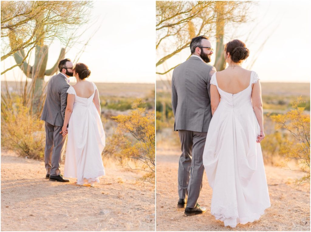 sunset portrait with bride and groom at Saguaro Buttes in Tucson, AZ