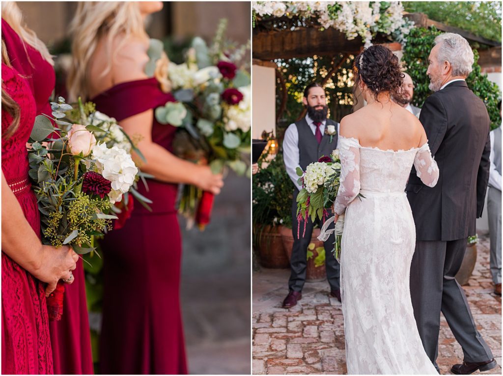 bridesmaids in burgundy dresses standing at the altar