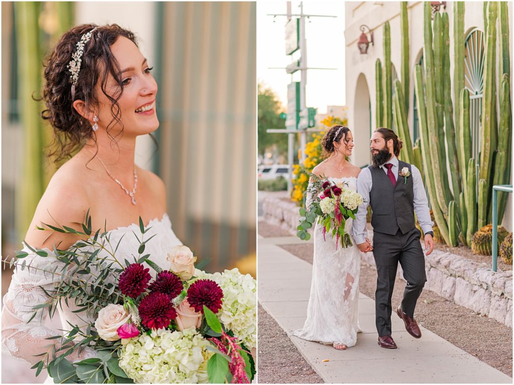 bride smiling at groom as they walk together in downtown Tucson