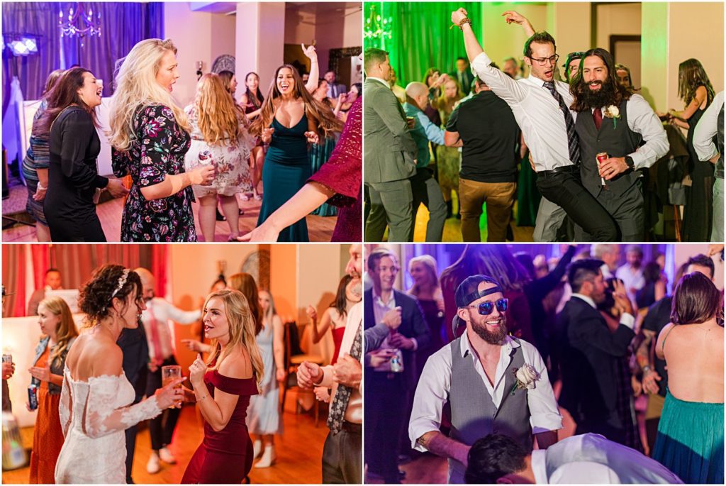 guests dancing at wedding reception with colorful DJ lights